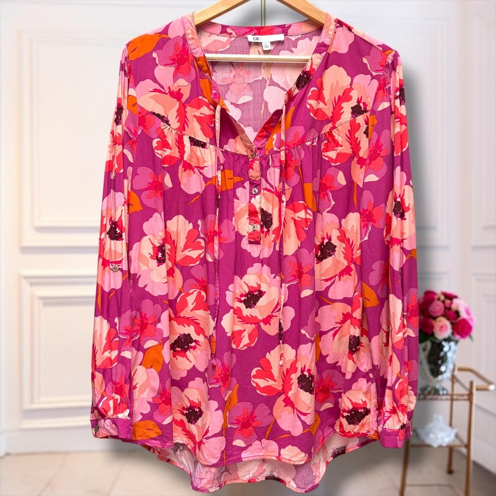 DR2 by Daniel Rainn Pink Floral Rayon Blouse XL Long Sleeve Roll Tab Boho Top